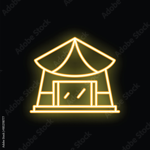 Glowing yellow neon icon of a circus tent, symbolizing entertainment and leisure