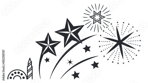 Black and White Celebration Fireworks and Shooting Stars Vector Illustration