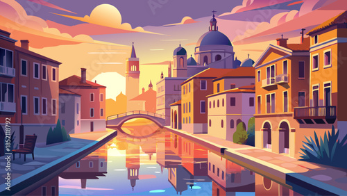 Very beautiful sunrise view of a quiet Venice canal with historic buildings reflecting on calm water, soft morning light, romantic atmosphere, and timeless Italian architecture creating a peaceful tra