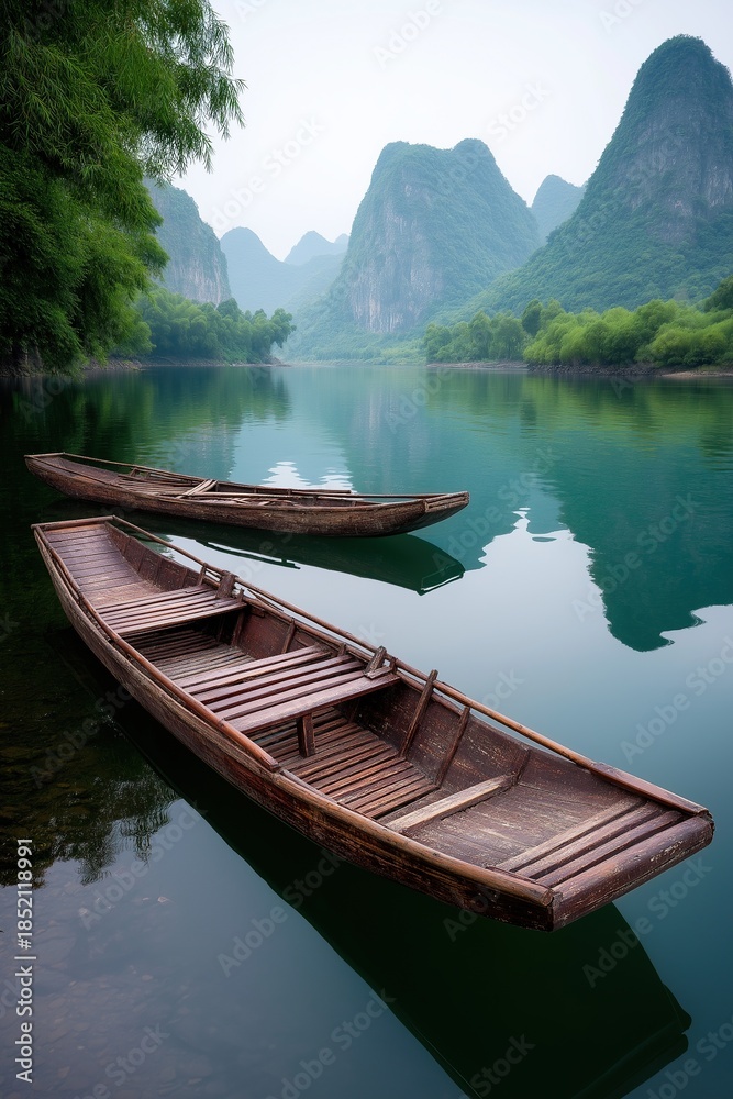Obraz premium Two wooden boats in the calm waters reflect mountain peaks and lush greenery on both sides against a backdrop of towering mountains