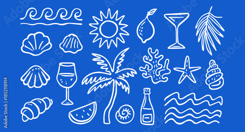 Tropical Summer Line Art Collage – Beach Icons in Minimal White on Blue