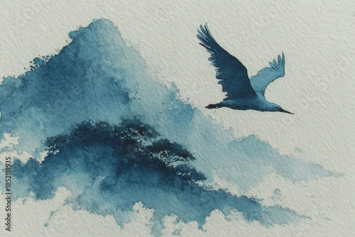 A minimalist watercolor illustration featuring a silhouette of a bird in flight against an abstract landscape. 