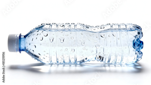 Transparent plastic water bottle with condensation droplets isolated on white background.