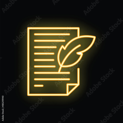 Yellow glowing neon icon of a feather writing on paper representing copywriting