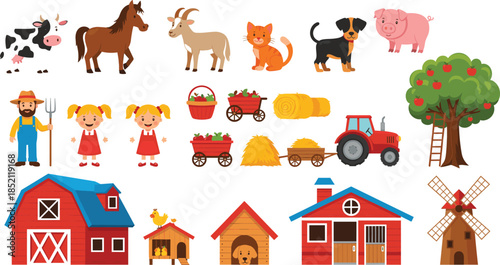 Farm animals and agriculture set featuring cow horse goat cat dog pig farmer children tractor barn windmill and orchard elements in vector.