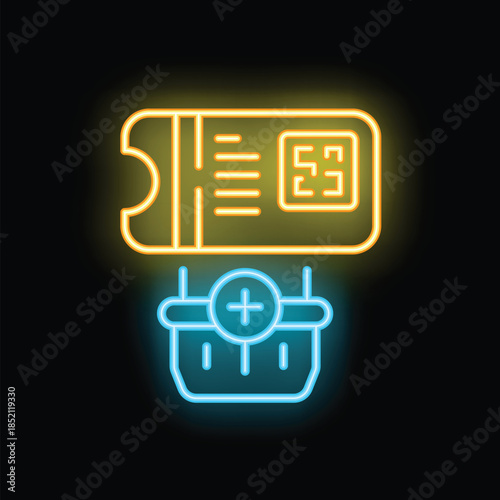 Glowing neon icon of a smartphone making a contactless payment on a pos terminal using a qr code