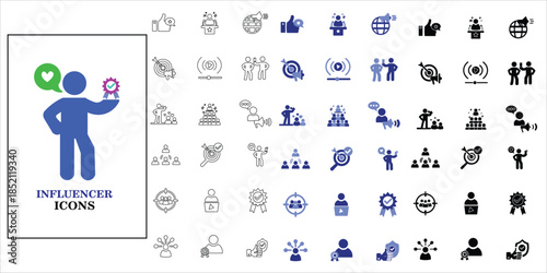 influencer icons set. influencer, content creator, promotion, followers, celebrity, target audience and more. simple complete vector illustration