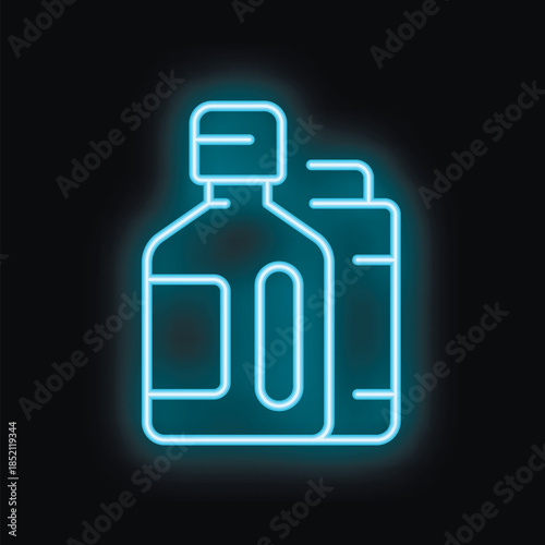 Blue neon icon of medical bottle and packaging glowing on black background
