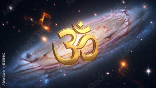 Golden Om Symbol Shines Bright in a Galactic Cosmos