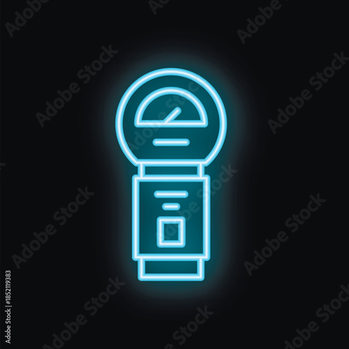 Blue neon parking meter glowing on a black background, perfect for transportation concepts