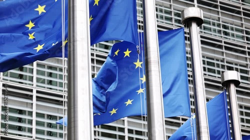 European Union Flags Waving In Strong Wind In Brussels Belgium