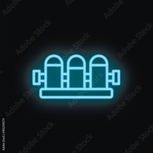 Blue neon sign icon of three public trash cans on black background