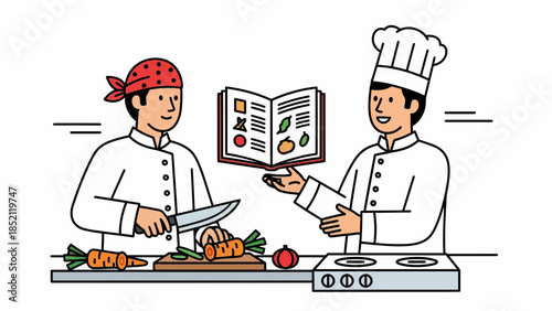 Two chefs preparing food in a modern kitchen with recipe book