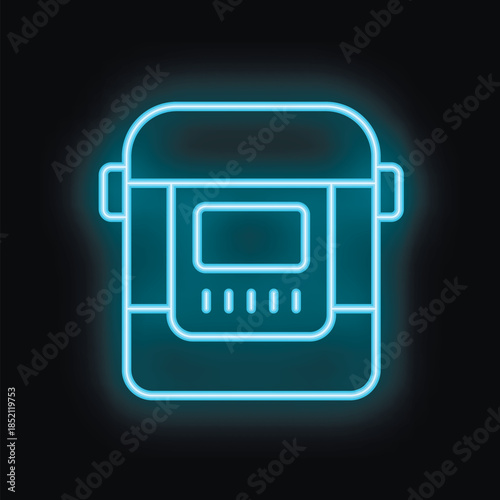 Blue glowing neon icon of a modern multicooker kitchen appliance for preparing food, isolated on a black background