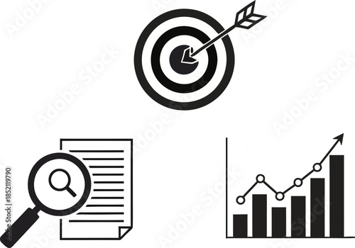 Collection of business data visualization and analytical infographic icons illustrating growth