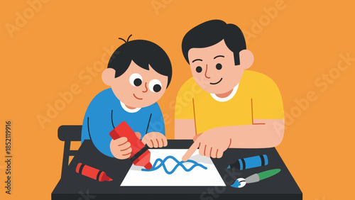 Father and son enjoying creative afternoon with colorful crayons together