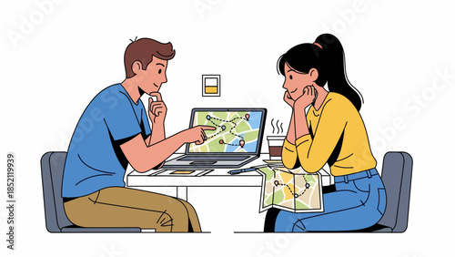 Couple planning travel route on laptop and map together