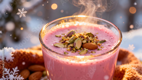 Traditional Kashmiri pink chai served hot with nuts, winter beverage concept.