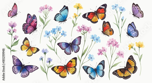 Colorful butterflies and flowers in a vibrant nature illustration with various species and blooms