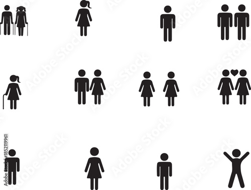 Collection of black pictograms representing people, couples, families, and individuals in various configurations