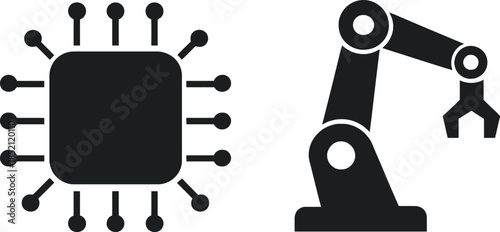 Modern Digital CPU and Robotic Arm Icons Representing Advanced Technology, Automation, and Industrial Manufacturing
