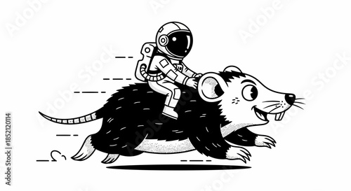 Astronaut riding a rat on a skateboard in a whimsical illustration