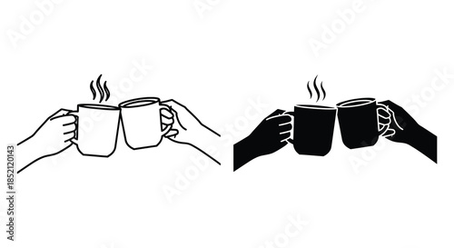 Hands holding steaming cups of coffee a black and white illustration silhouette