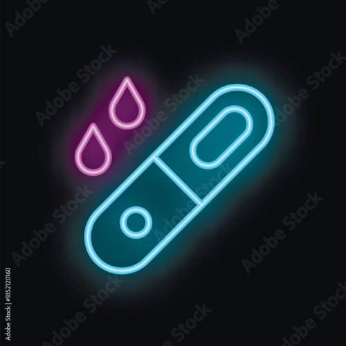Neon pregnancy test icon glowing on dark background showing positive result with two pink water drops