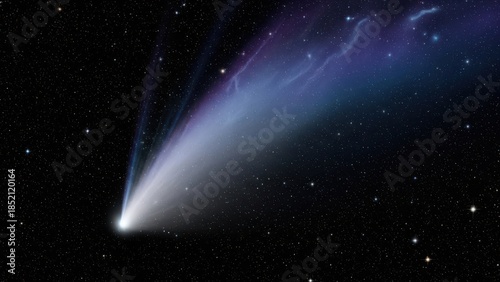 A brilliant celestial comet with its glowing tail traversing the dark starry cosmos