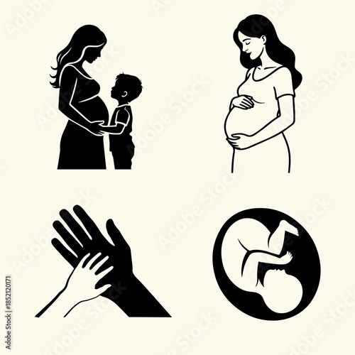 Hand drawn motherhood. Pregnant women, mother with child and womb maternity symbol minimal vector illustration set of mother maternity, ovum and pregnant