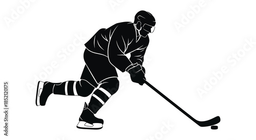 Hockey player in action with stick and skates dynamic pose black and white silhouette