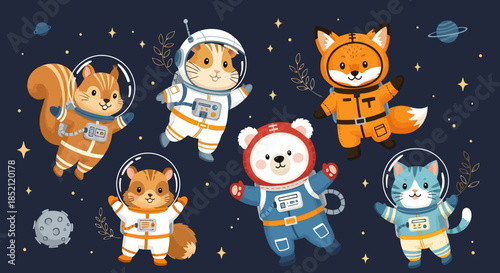 Cute cartoon animals dressed as astronauts floating in space with stars and planets around them