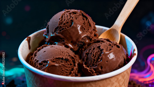 Chocolate ice cream scoops in a paper cup with spoon.