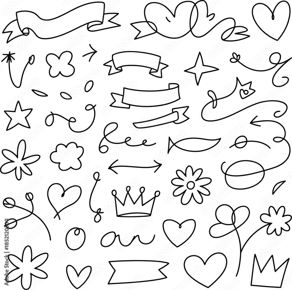 Naklejka premium A collection of cute doodle design elements including hand-drawn hearts, flowers, and banners
