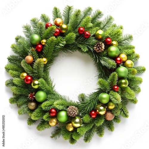 Christmas wreath made of pine branches decorated with red and golden decorative balls isolated on white background
