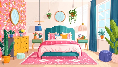 Vibrant Bohemian Bedroom Interior Design with Colorful Floral Wallpaper and Plants