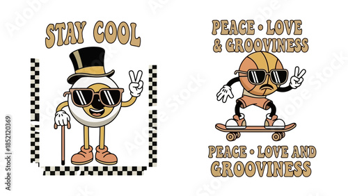 Retro Cartoon Characters with Peace Signs and Skateboard
