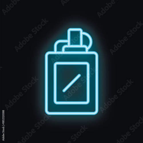 Blue neon sign depicting a lighter, glowing on a black background