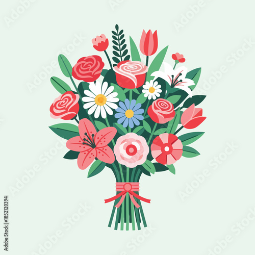Wallpaper Mural Flat lay illustration of a colorful bouquet with roses, tulips, daisies, and leaves tied with a ribbon against a light background. Torontodigital.ca