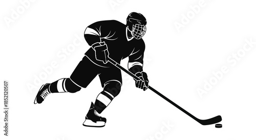 Hockey player in action dynamically skating with stick and full gear silhouette