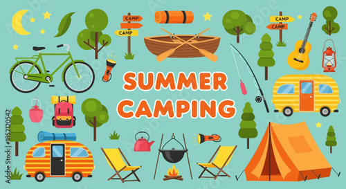 Summer camping illustration with tents, campfire, bicycles, and outdoor activities