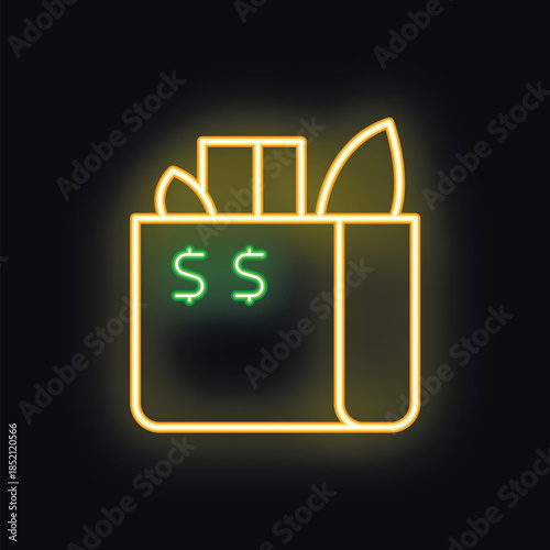 Glowing neon sign of a grocery paper bag with products and a dollar sign, on a black background