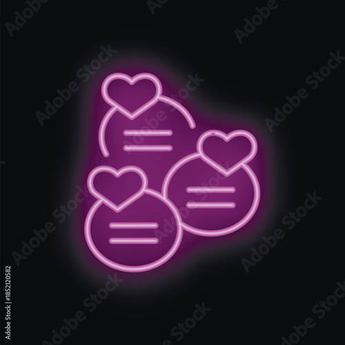 Purple neon icon of three speech bubbles with hearts representing online dating and love