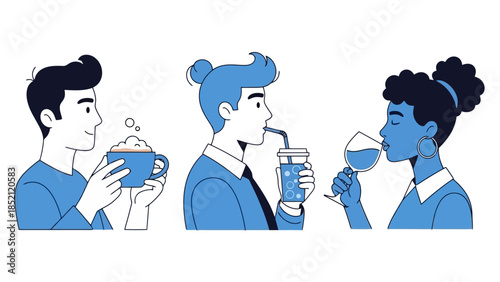 Three People Enjoying Different Beverages in a Casual Setting