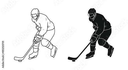 A hockey player in action depicted in both line art and bold silhouette