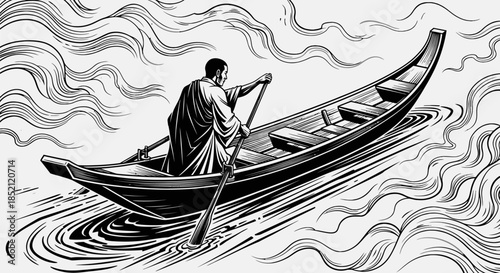Man rowing a traditional boat in a serene water scene.