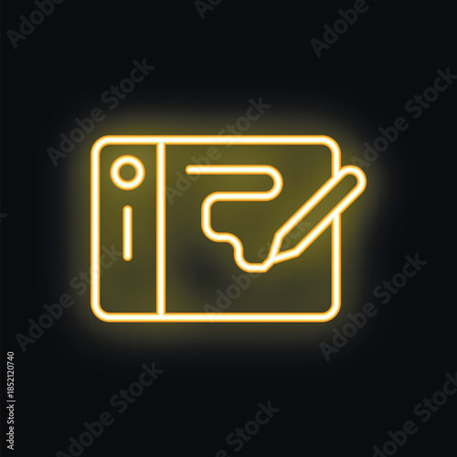 Yellow neon icon of a graphic tablet with a stylus pen drawing on a black background