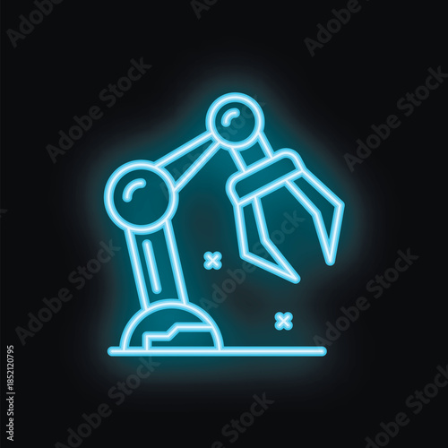 Blue neon icon of a robotic arm picking up an object
