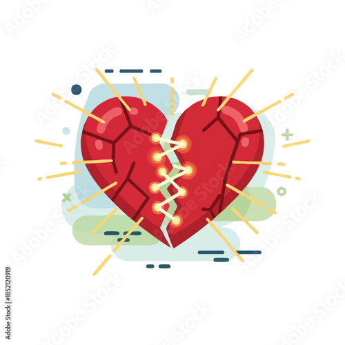 Digital illustration of a broken red heart with glowing yellow lines on a white background with geometric shapes and lines.