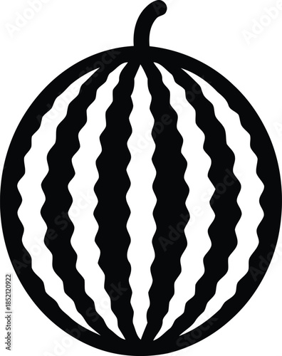 A black and white icon illustration depicting a whole watermelon with stripes and a stem